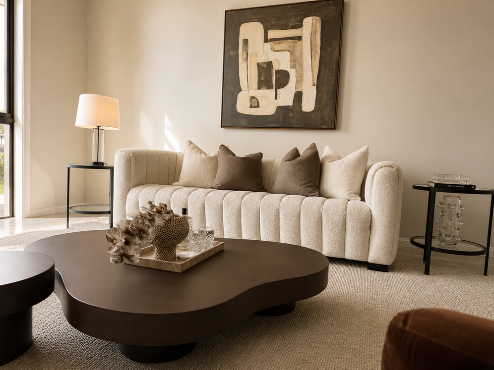 Contemporary open-plan living and dining space with boucle dining chairs, curated styling and sophisticated neutral interiors.