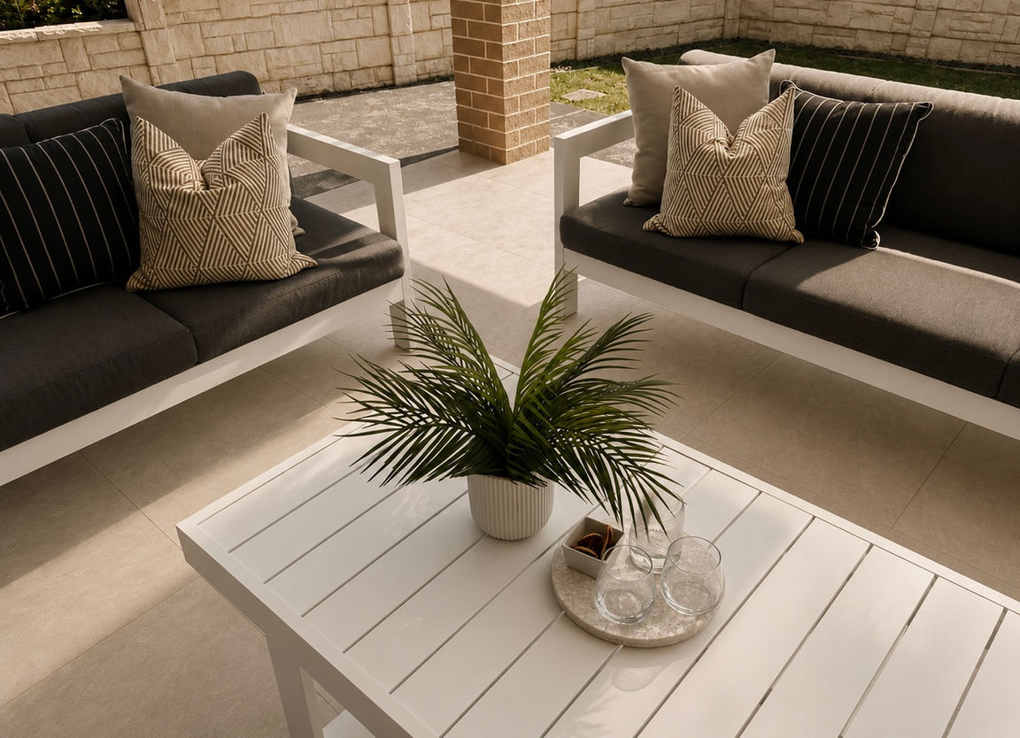 Contemporary alfresco entertaining area at a modern Cobbitty family home styled for relaxed outdoor living.