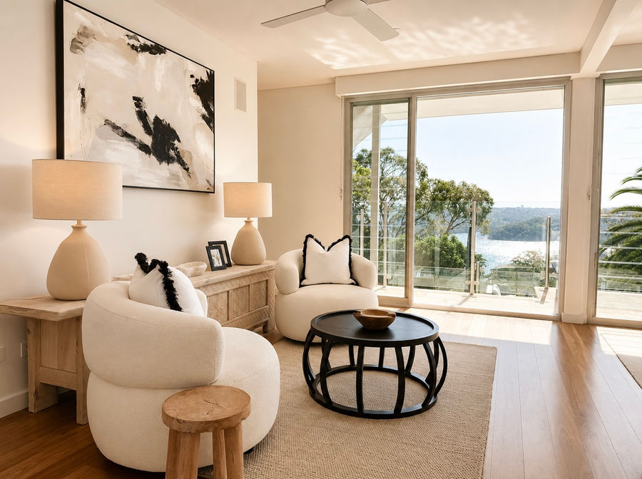 Serene bedroom in a Seaforth waterfront residence styled with soft linen, layered textures and contemporary furnishings.