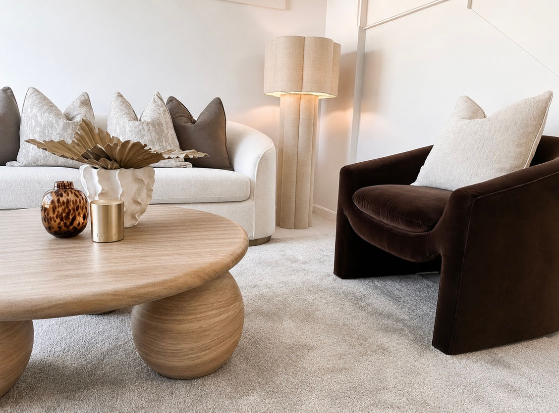 Contemporary living room in a modern Cobbitty family home styled with layered neutral furnishings, natural textures and designer décor.