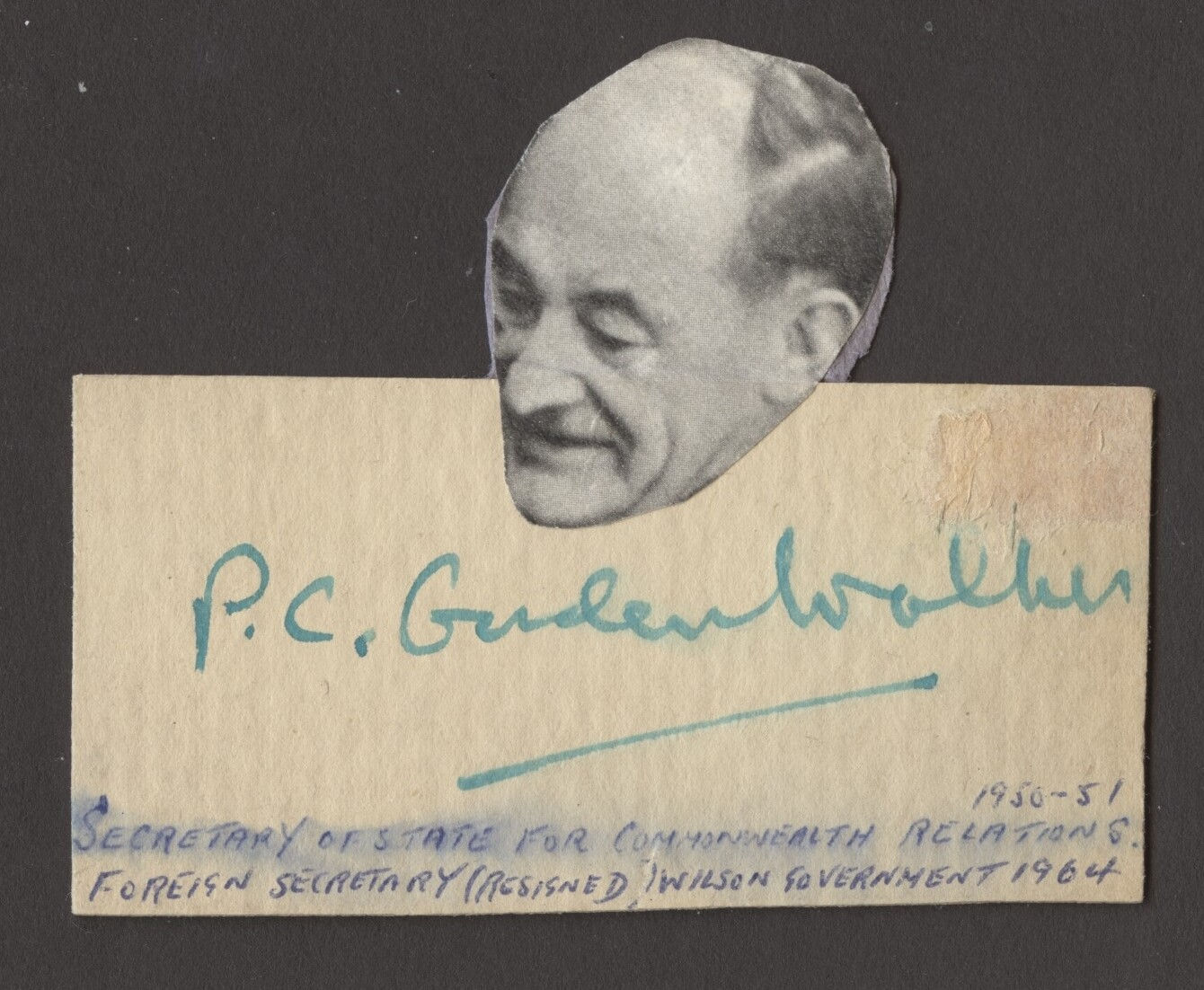 Patrick Gordon d1980 signed auto 2x3 cut British Labour Party Politician AB1089