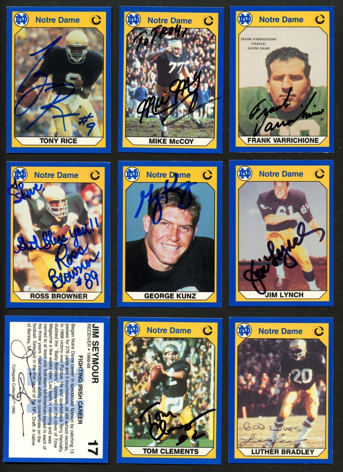(9) 1990 Notre Dame cards w/ Tony Rice, Mike McCoy, George Kunz & F. Varrichione