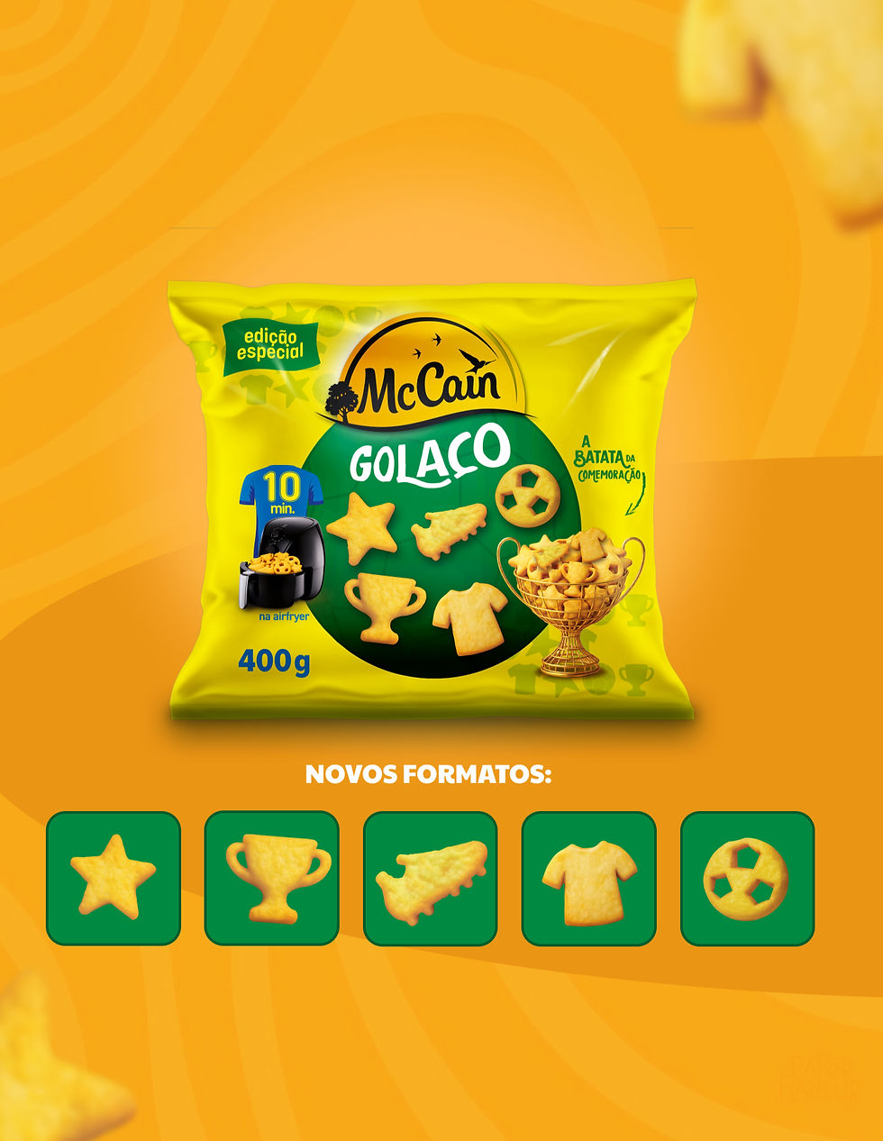 Embalagem da batata congelada McCain Golaço em edição especial, com formatos inspirados no universo do futebol. A arte destaca opções divertidas como estrela, taça, chuteira, camisa e bola, reforçando o clima de celebração esportiva. O fundo em tons de amarelo e laranja valoriza a identidade visual vibrante do produto, enquanto a embalagem destaca preparo rápido na air fryer em até 10 minutos.