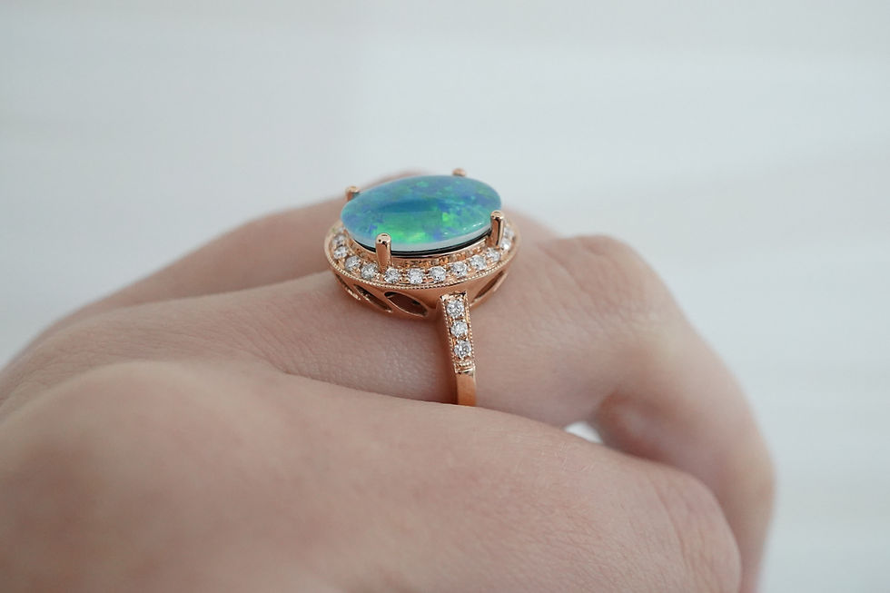 Thumbnail: 14k Oval Opal Triplet & Diamond Halo Ring