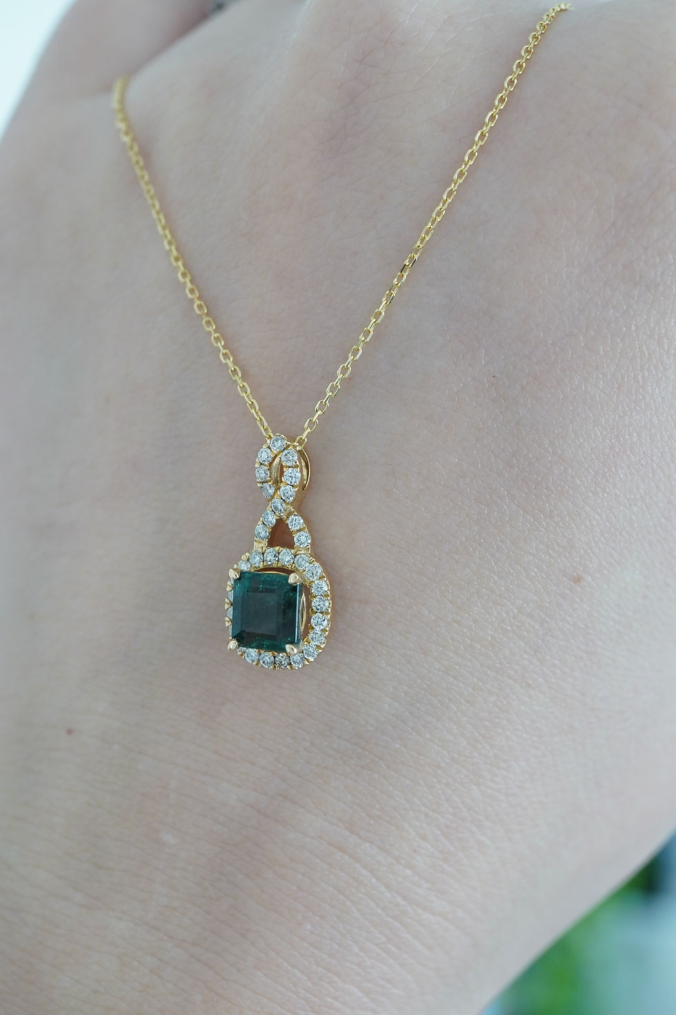 Thumbnail: 14k Emerald & Diamond Halo Necklace