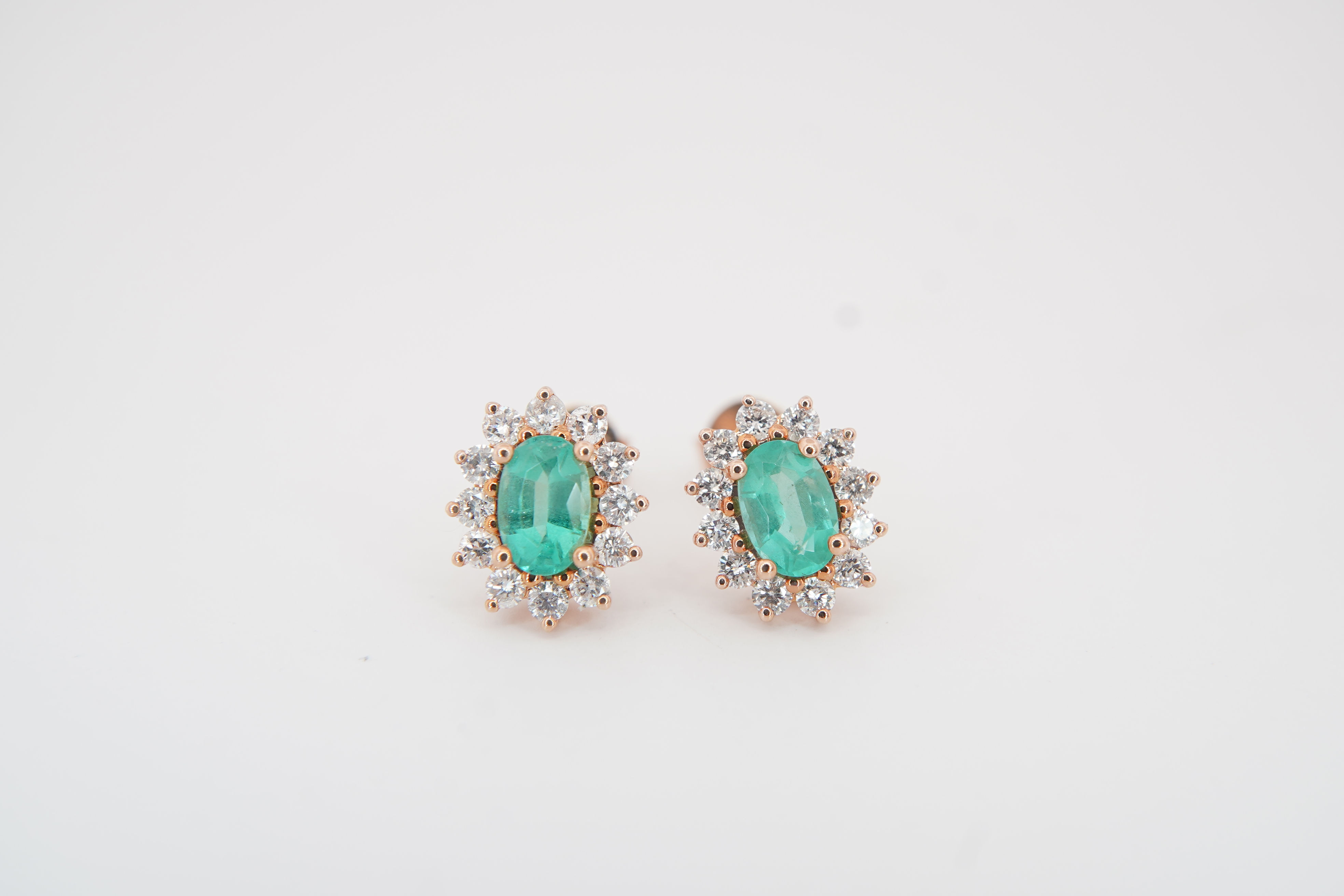 14k Oval Emerald & Diamond Halo Earrings