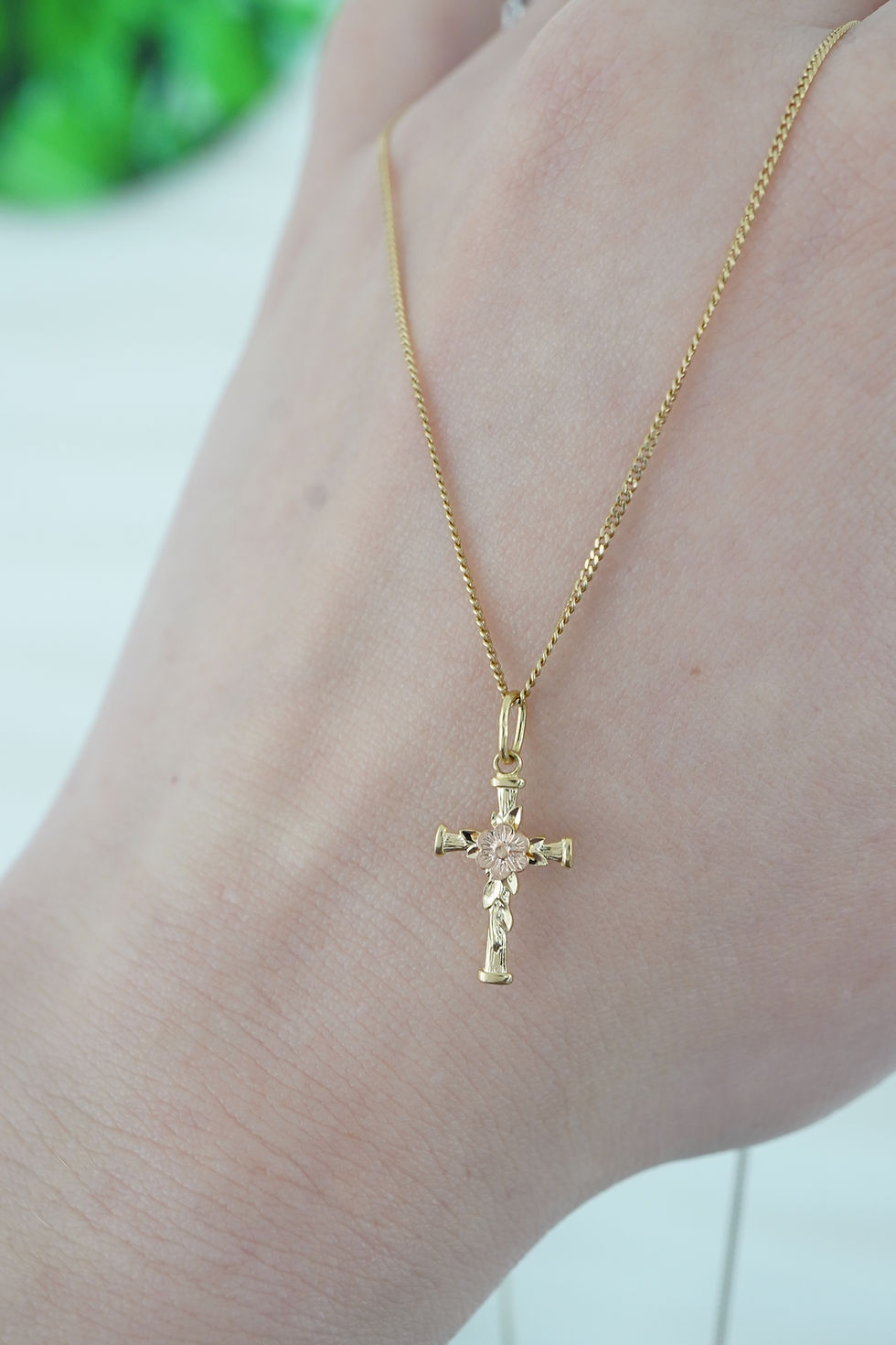 Thumbnail: 14k Petite Floral Cross Necklace