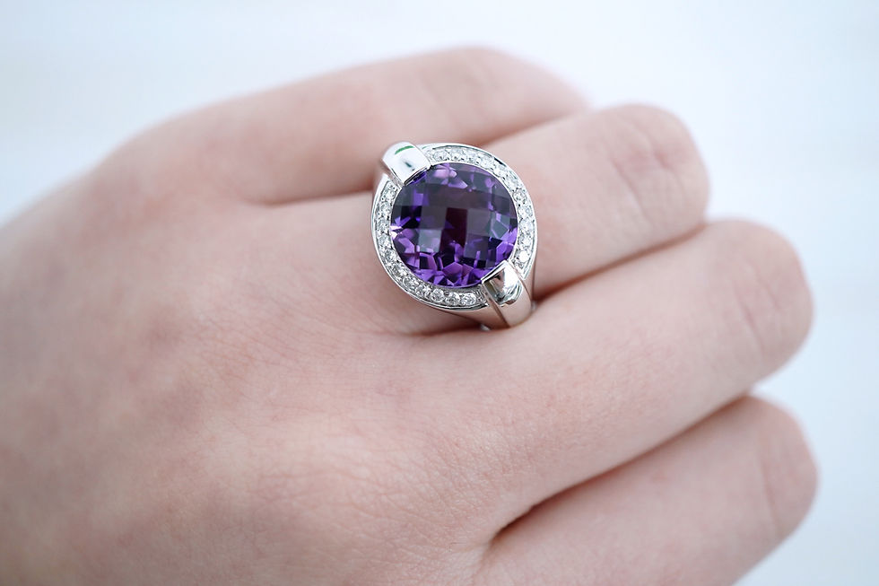 Thumbnail: 18k Checkerboard Amethyst & Diamond Halo Ring