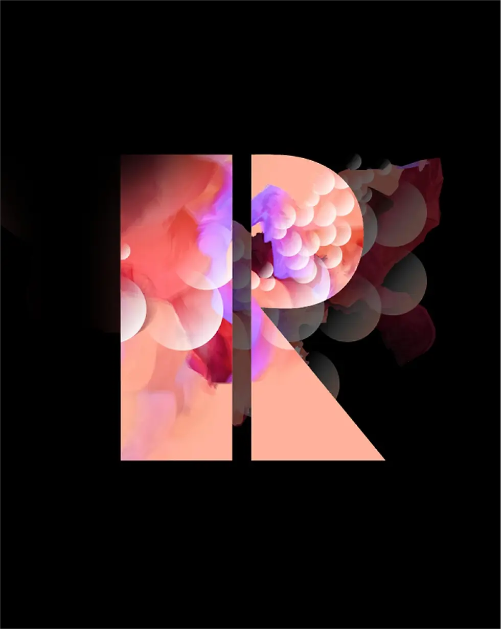 Stylized letter 'R' reveals soft pink, red, and purple abstract forms inside black background.