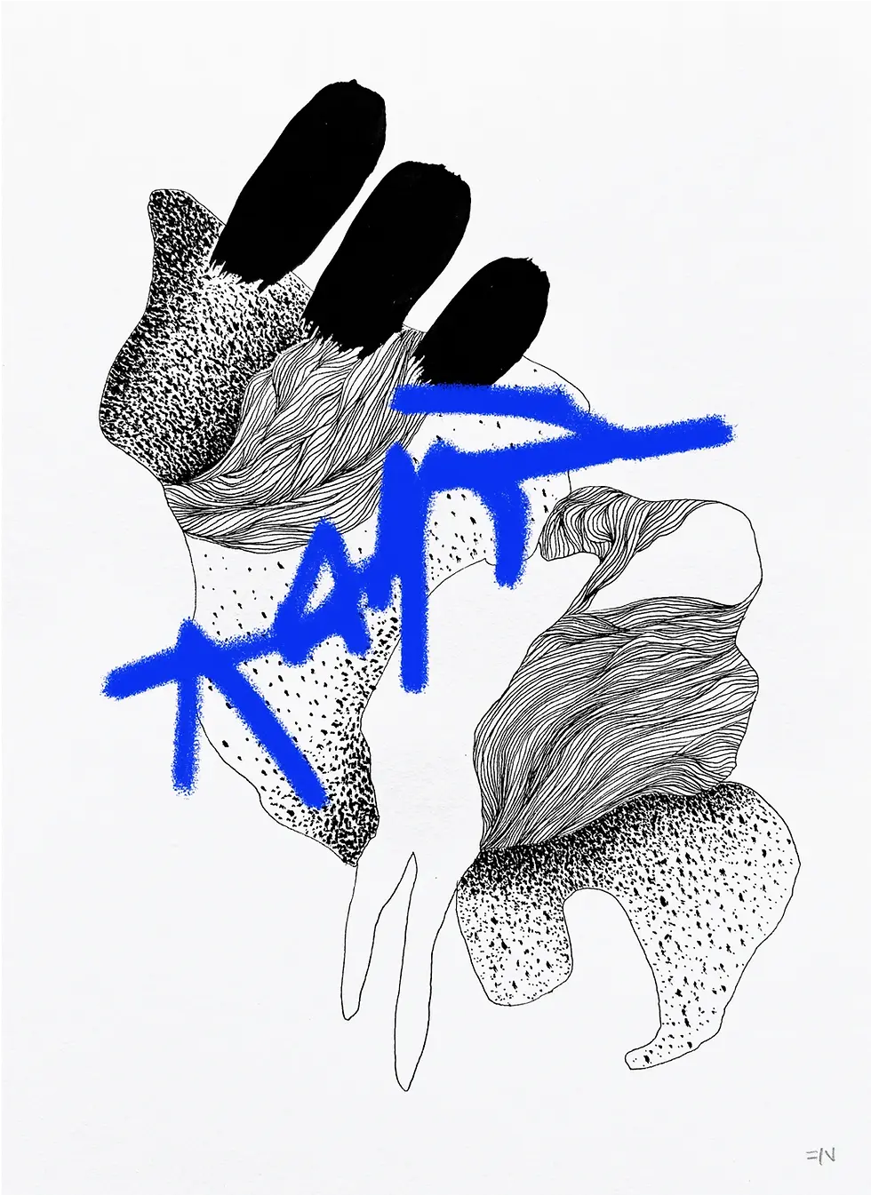Abstract black ink drawing with organic, figurative textures and contrasting bold blue spray-painted text overlay.