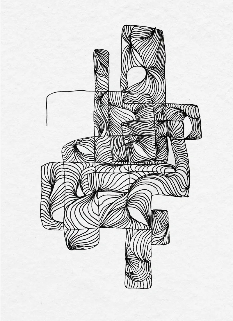 Abstract black ink line drawing featuring interlocking rectangular shapes filled with curved, wave-like patterns, creating a dynamic sense of motion and depth.