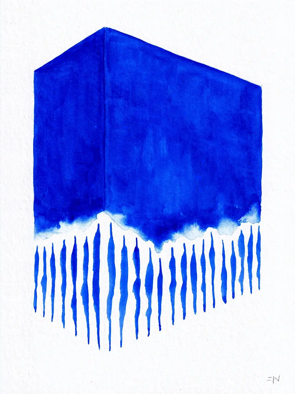 Geometric blue watercolor cube with soft lower edge blending into elongated vertical drips, creating a floating architectural illusion.