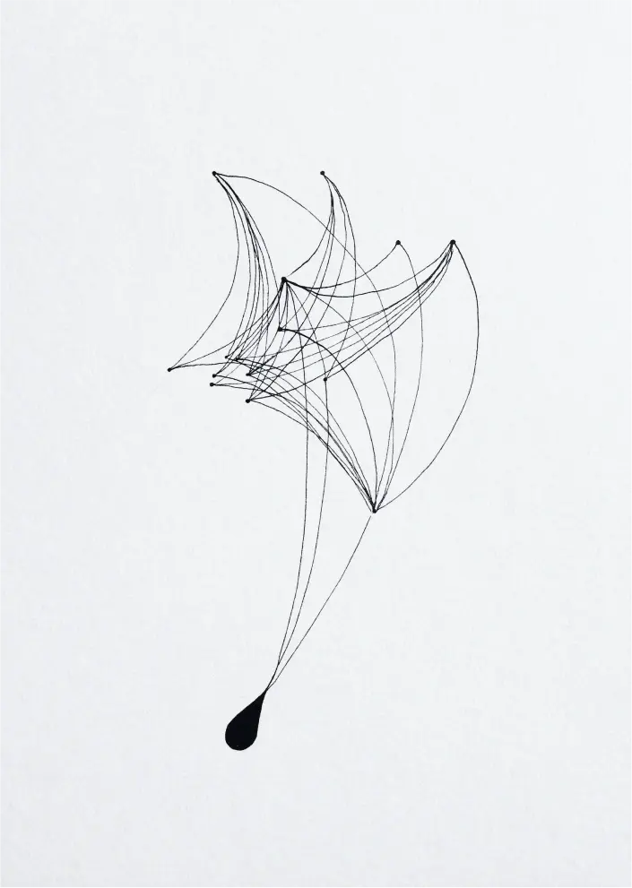 Minimal black ink drawing of delicate, web-like lines converging into a single bold drop — abstract, organic composition on white background.