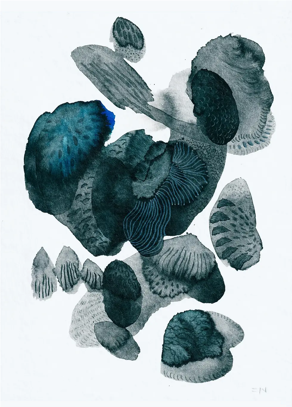 Abstract watercolor painting in deep blue and black tones, featuring organic, layered shapes and textured patterns reminiscent of underwater flora or coral formations.