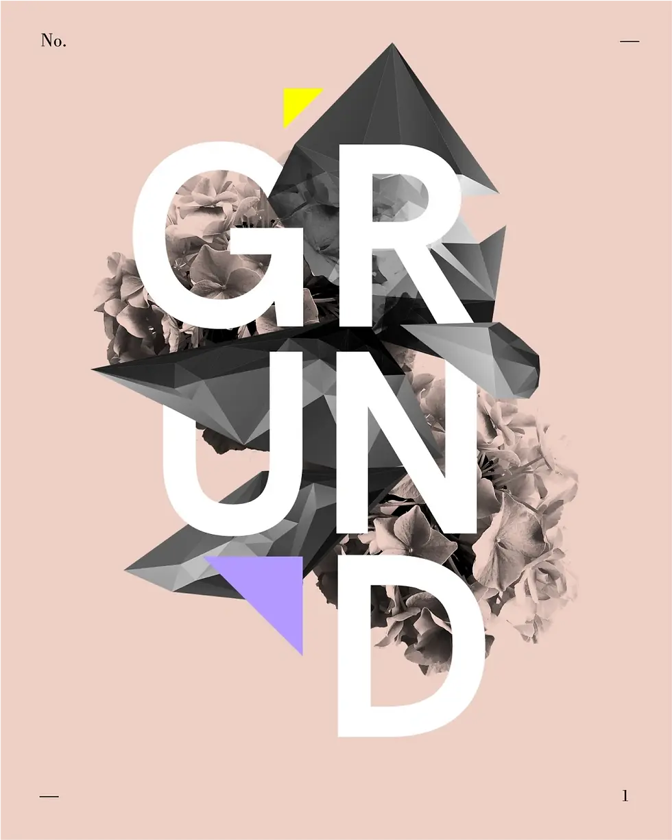 Bold white letters spelling 'GRUND' over floral background and sharp black geometric shapes, on a soft beige backdrop.