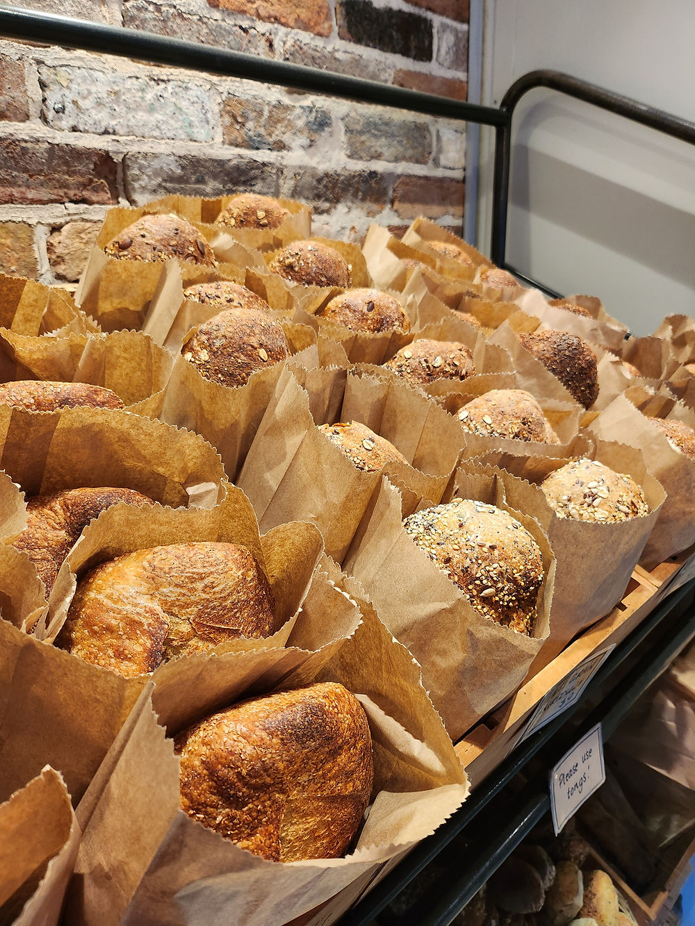 Organic bread rolls on display