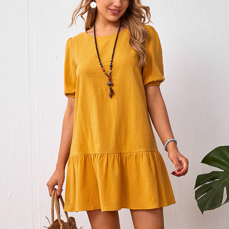 Vestido Corto de Algodón y Lino para Mujer de Manga Corta