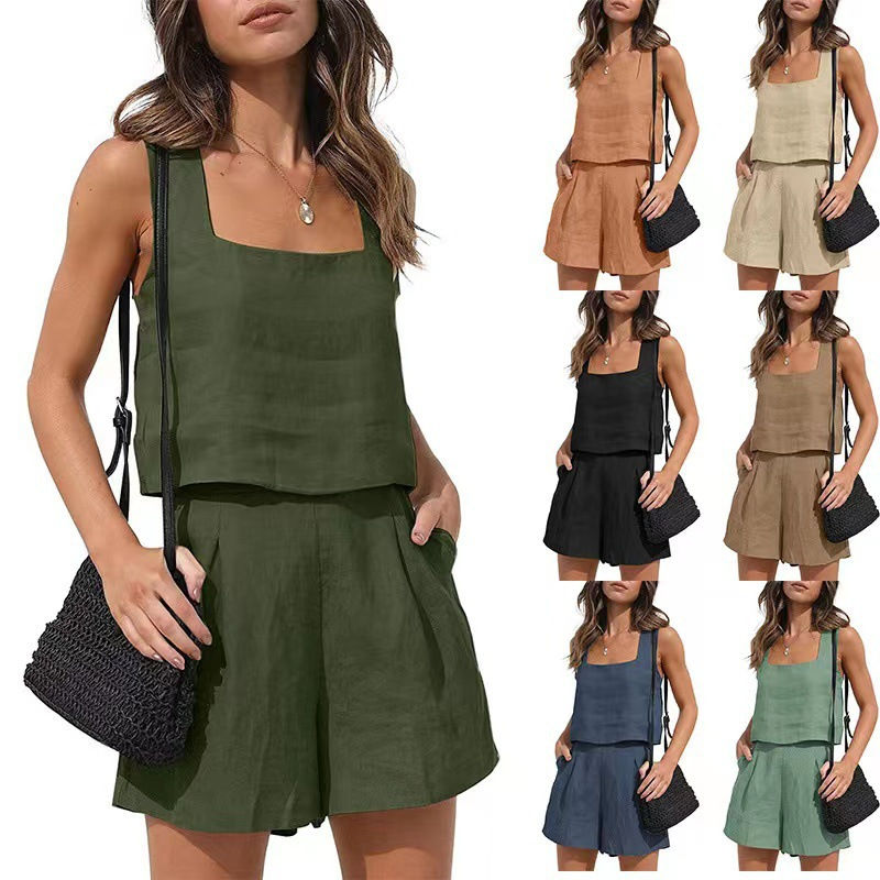 Conjunto Casual de Algodón-Lino para Mujer con Shorts