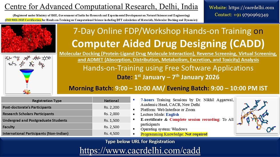 Hands-on Training: Computer Aided Drug Design (CADD)-Comprehensive |7-Day Online Training|