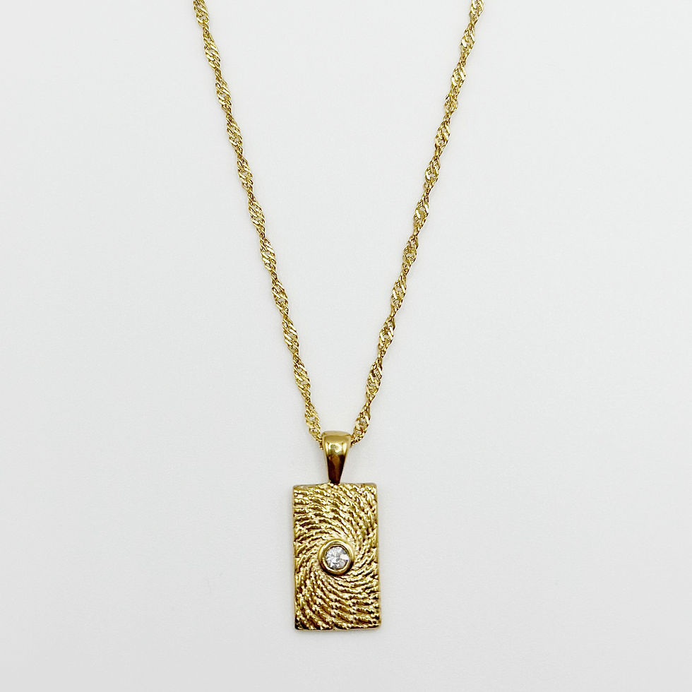 Gold Geometric Textured Cubic Zirconia Encrusted Rectangle Pendant Necklace
