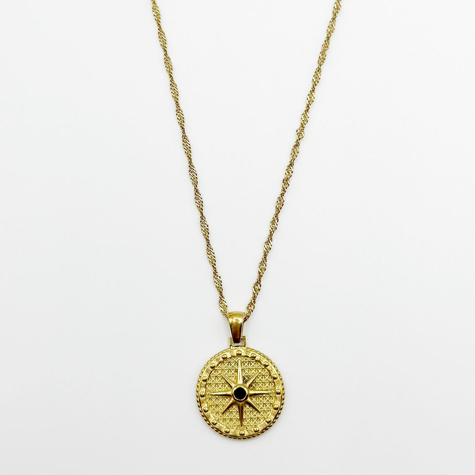 Gold Vintage Compass Embossed Circular Solid Pendant Necklace