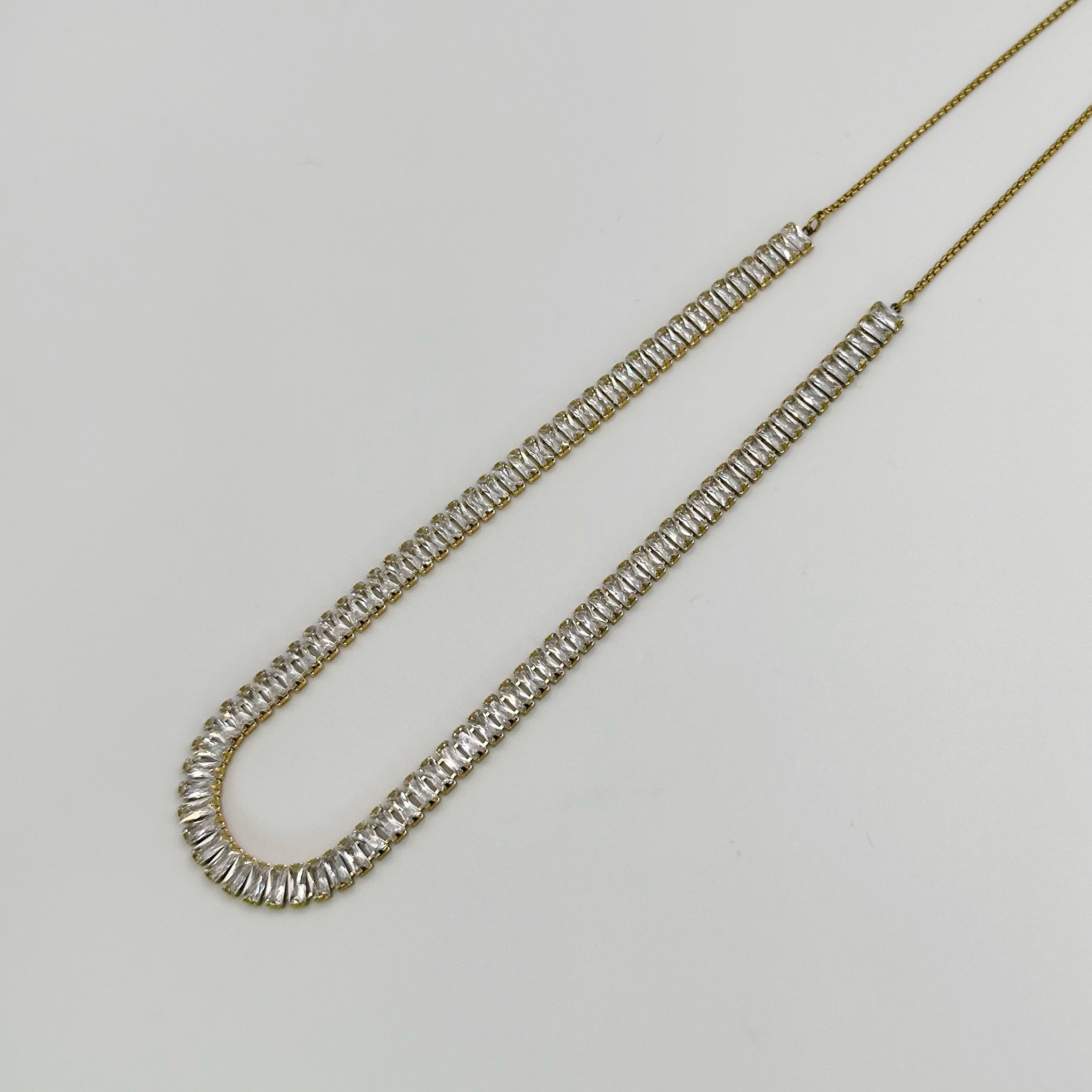 Gold Clear Diamond Adjustable Baguette Tennis Gold Necklace