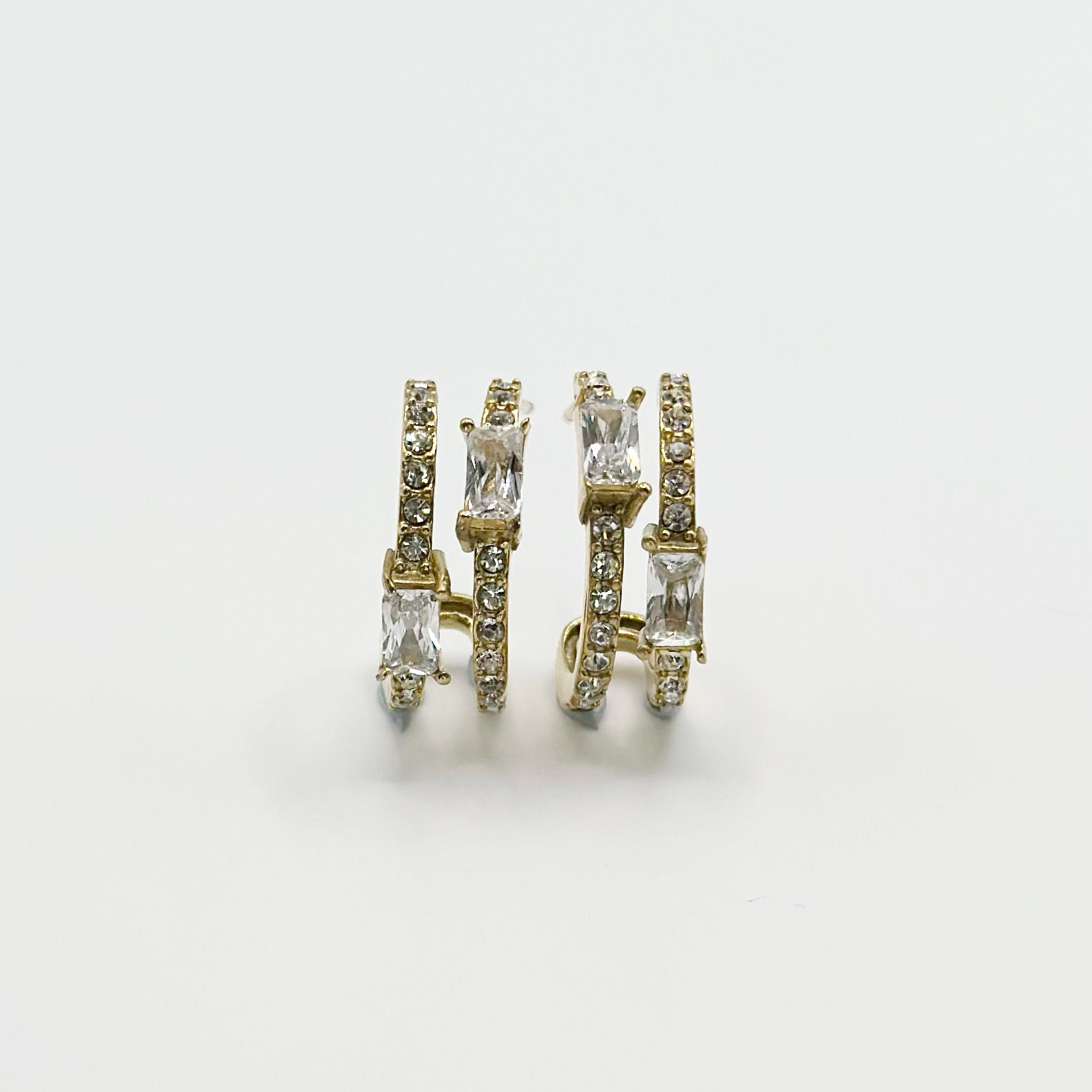 White Cubic Zirconia Adorned Double Studded Gold Hoop Earring