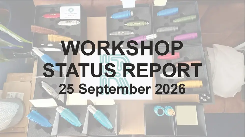 Workshop Status Report – 25 September 2026, featuring a selection of colourful REVOMAZE puzzle sleeves and workshop products.
