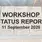 REVOMAZE Workshop Status Report dated 11 September 2026, displayed over a photograph of stacked cardboard boxes labelled with REVOMAZE and colour names such as turquoise, lime, teal, grey, and green. The large black title reads “WORKSHOP STATUS REPORT,” with the date “11 September 2026” beneath it.