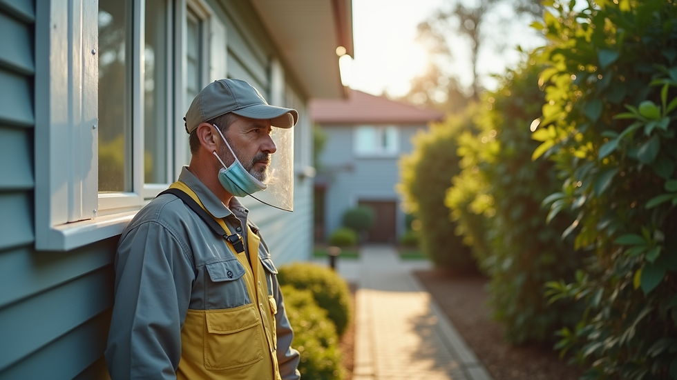 Eye-level view of a pest control technician inspecting a home exterior