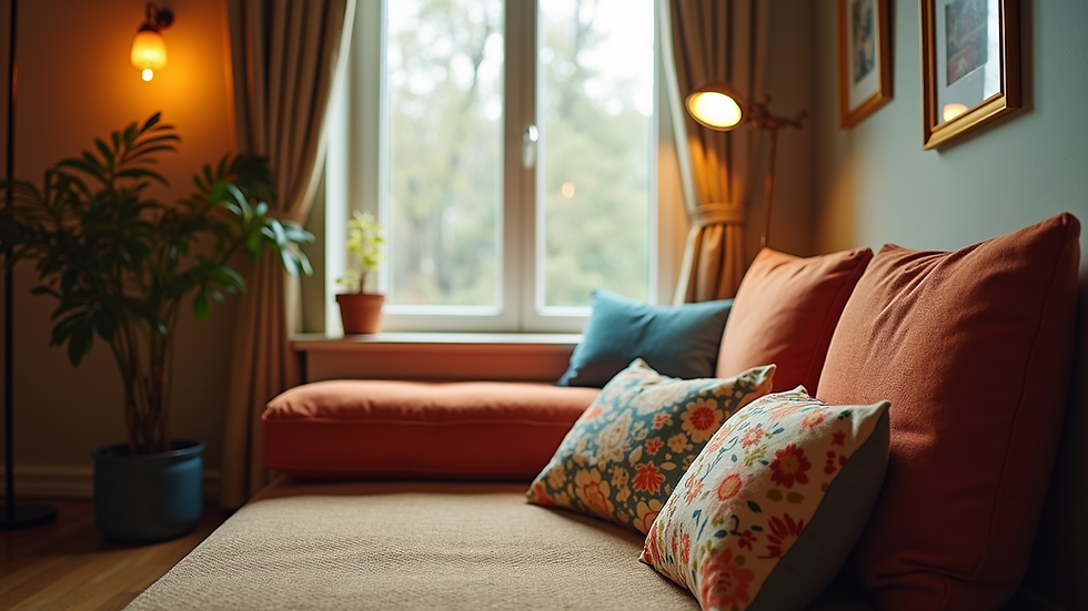Eye-level view of a cozy reading nook with soft lighting and colorful cushions