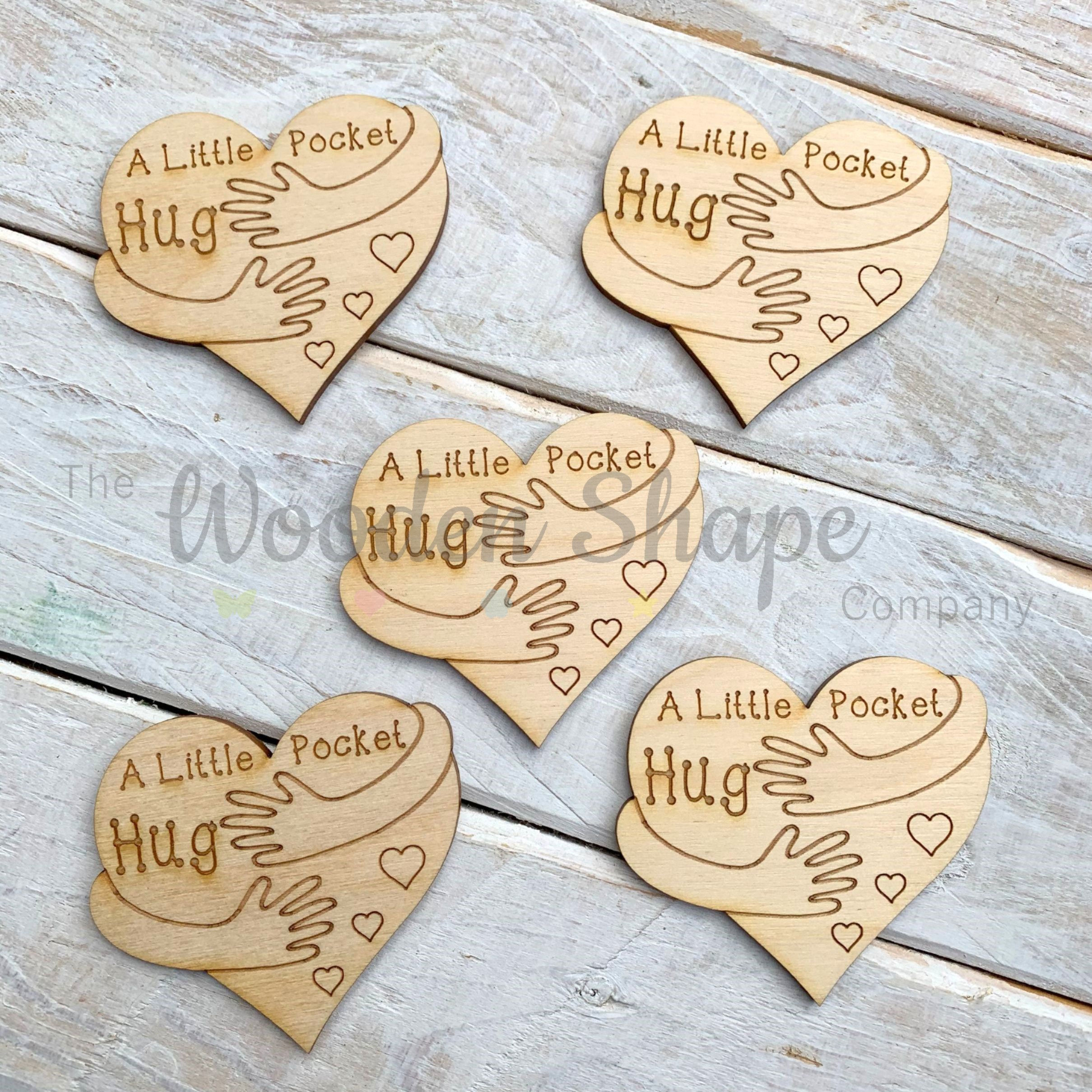 Plywood Engraved Heart Hugging Arms Little Pocket Hug 5 Pack
