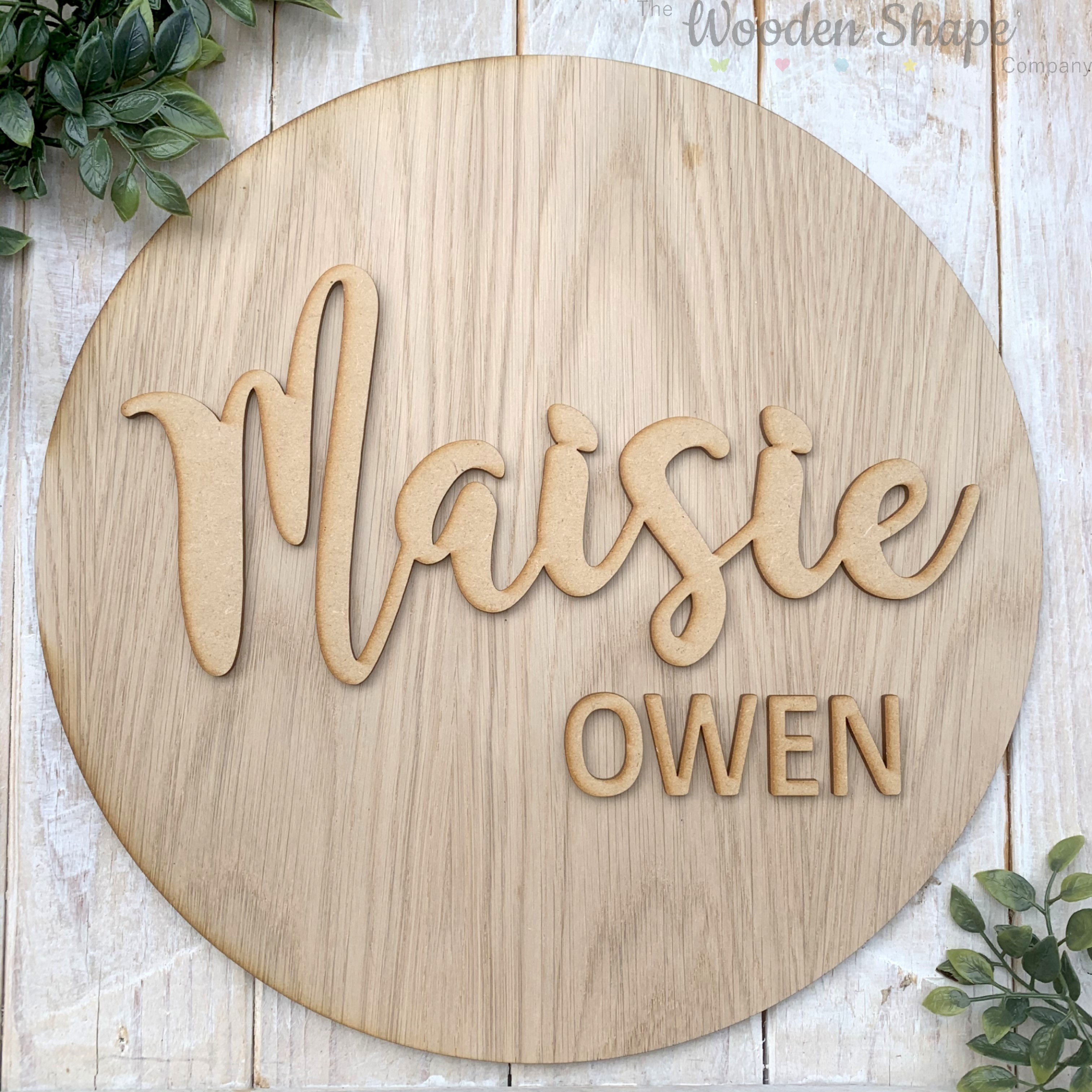 30cm OAK Circle Hoop with MDF Name Script 1