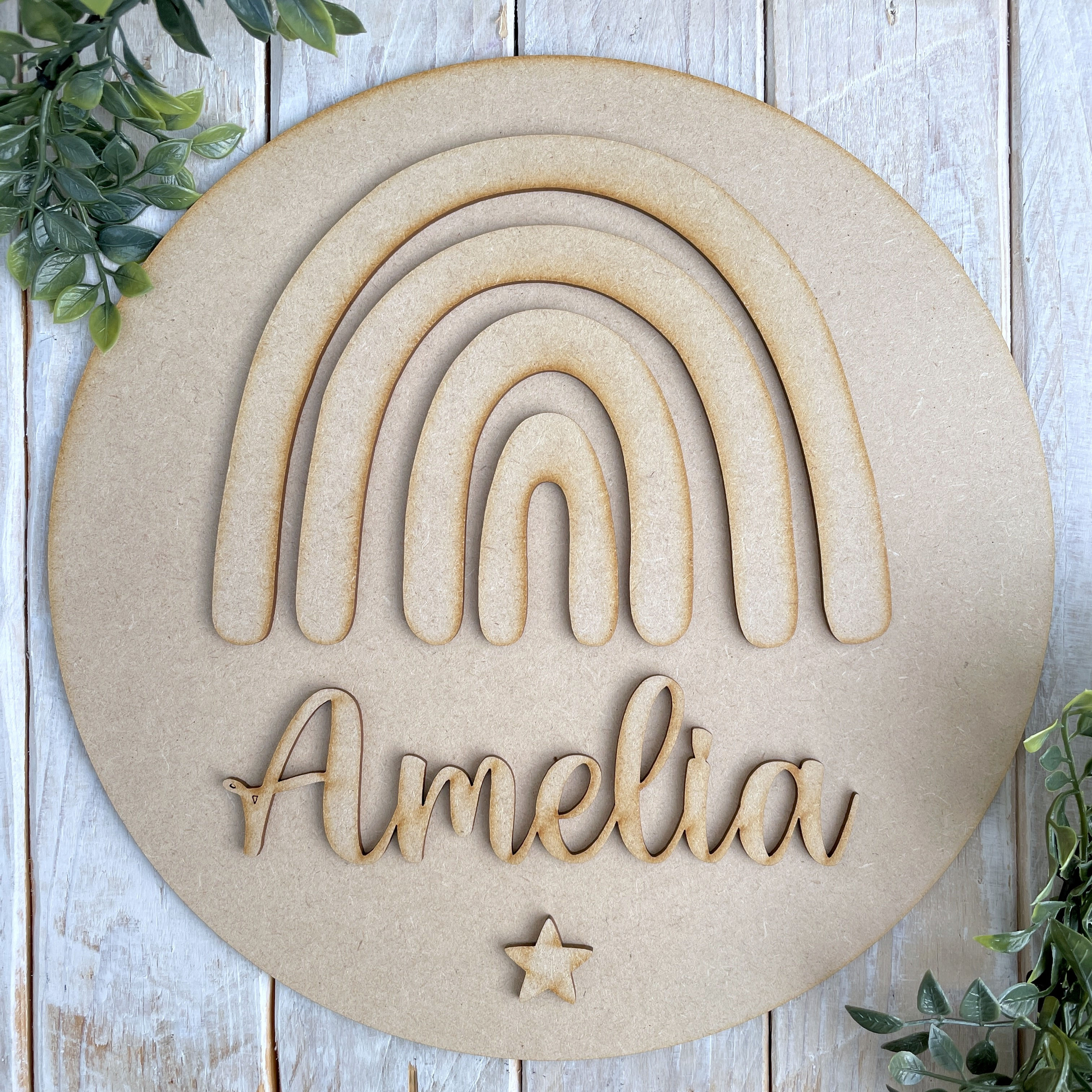 30cm MDF Circle Sign with Rainbow & Name CP