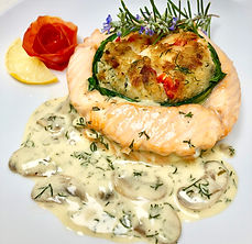 Crab Stuffed Salmon with a Creamy White Wine Sauce
