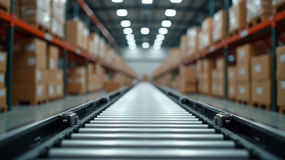 Eye-level view of a warehouse with automated conveyor belts and stacked boxes