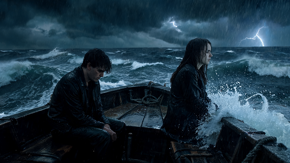 A man and woman sitting in a boat on stormy seas, the woman is looking away and appears distant while the man looks at his hands and seems to contemplate their situation.