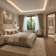 Luxury master bedroom with custom built-in wardrobe and feature wall