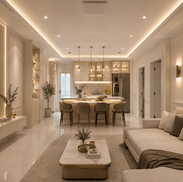 Modern luxury dining room at Borey Okide featuring an open-plan layout, elegant wall moldings, custom cabinetry, warm LED lighting, marble flooring, and contemporary interior design by SALA DECOR.