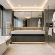 Spa-style master bathroom with freestanding bathtub and walk-in shower