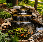 Outdoor waterfall garden with koi pond