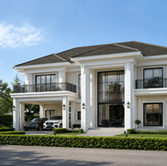 Contemporary house exterior design with clean modern facade and large glass windows in Phnom Penh residential area