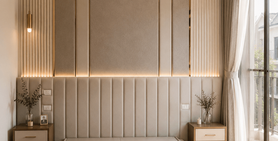 Modern bedroom wall with built-in storage