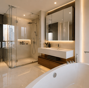 Modern condominium bathroom with glass shower enclosure