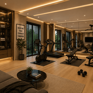 Luxury home gym with premium exercise equipment and custom cabinetry at Borey Bunly by SALA DECOR.