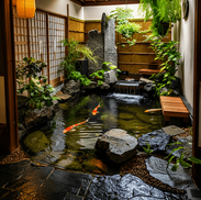 Luxury koi pond landscape with waterfall