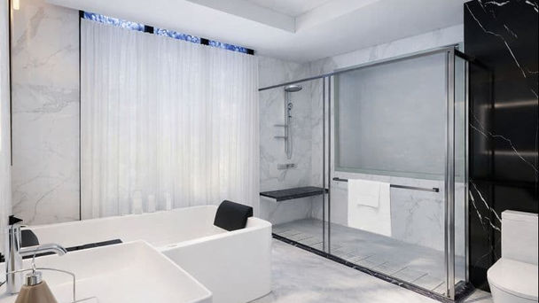 modern bathroom renovation in Phnom Penh with clean design and warm lighting