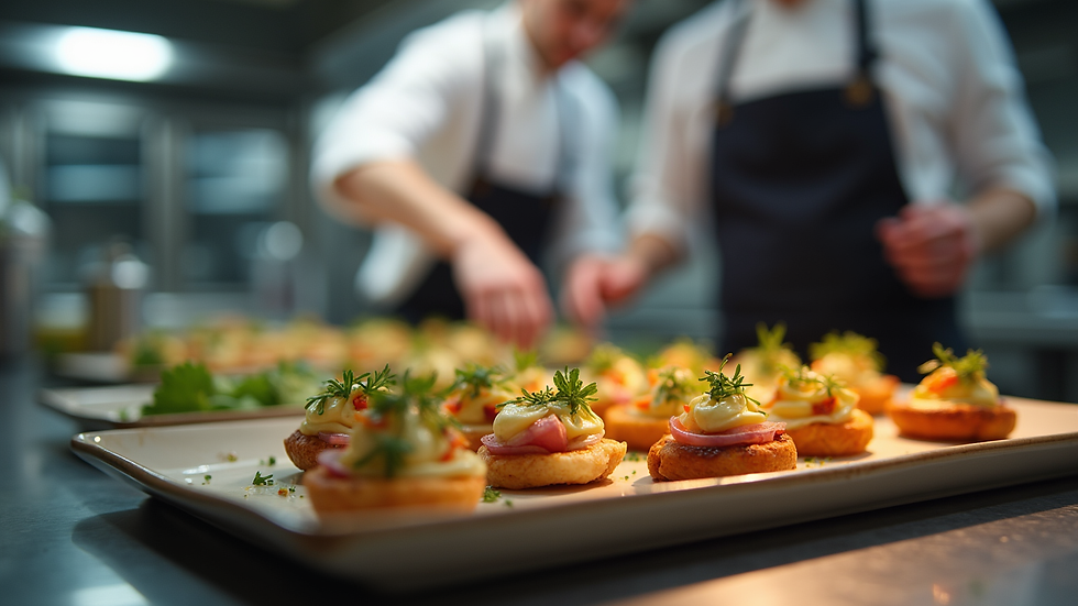 Close-up of a chef plating gourmet appetizers in a professional kitchen