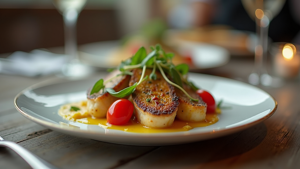 Close-up view of a plated gourmet dish with fresh ingredients