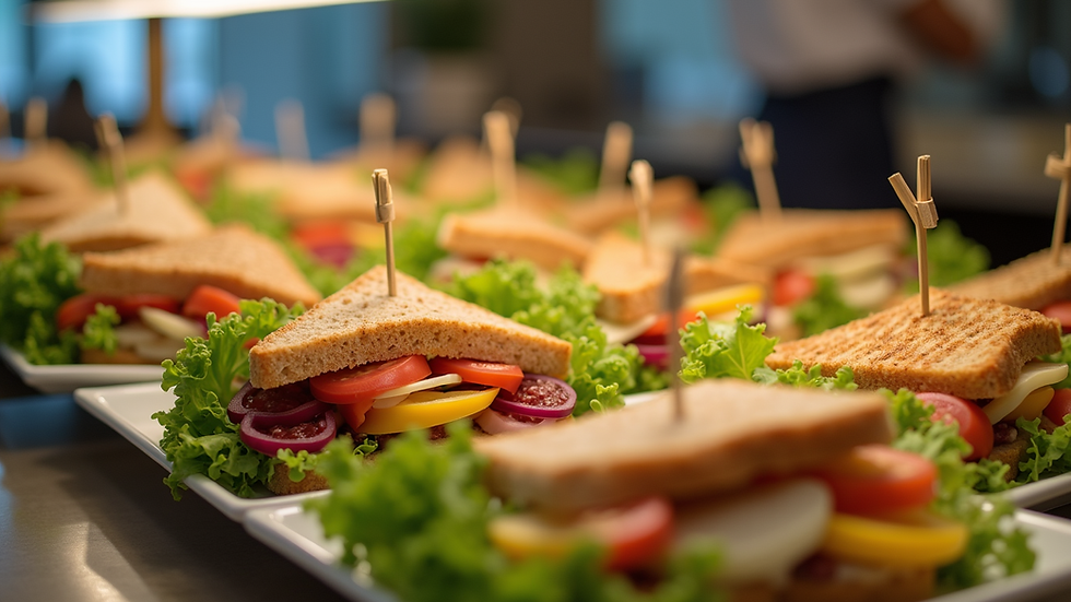 Eye-level view of a beautifully arranged office catering buffet with fresh salads and sandwiches